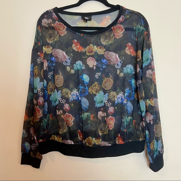 Y2K 90s Sheer Floral Long Sleeve Top Large - Picture 1 of 6
